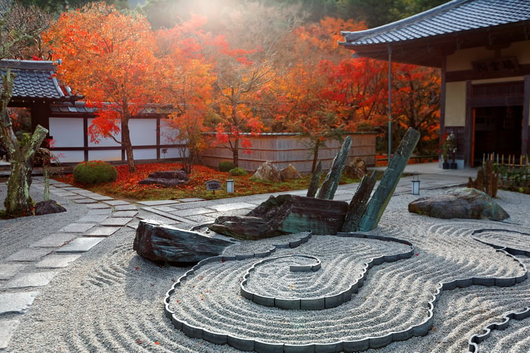 autumn scenery japanese rock garden zen garden dry landscape or karesansui in morning